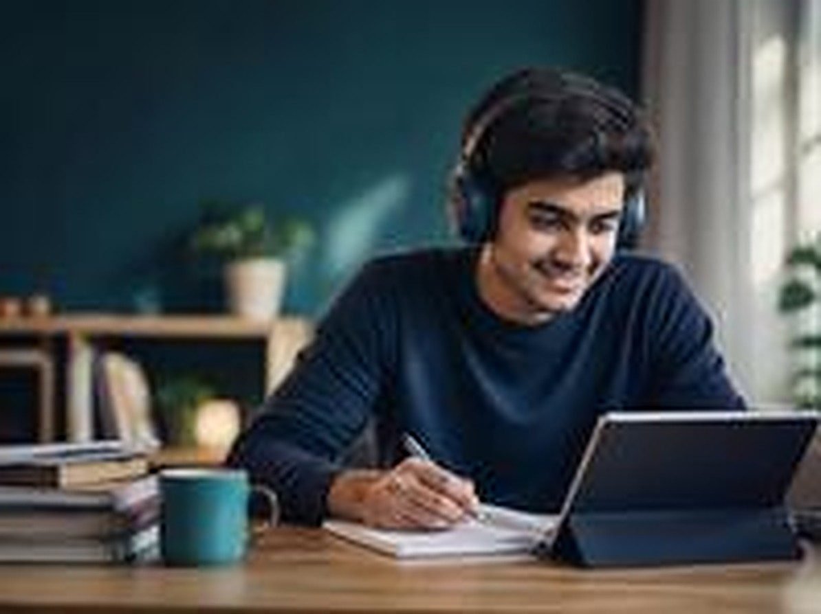PiCiviQ aspirant with headphones studying at a desk